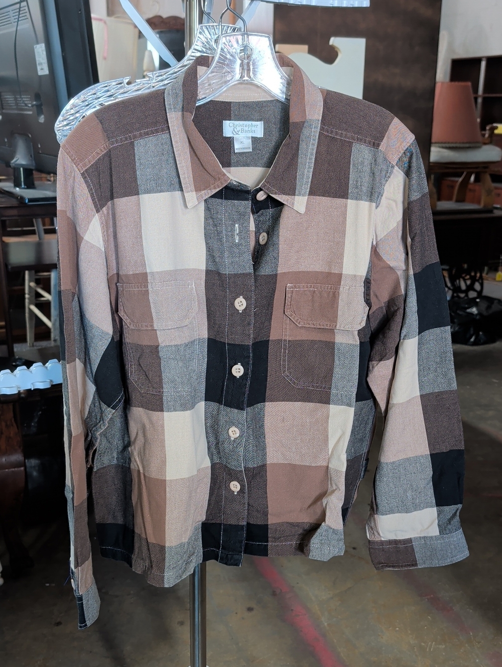 Christopher & Banks Cotton Plaid Button-Down Shirt - Brown, Tan, Black, Cream
